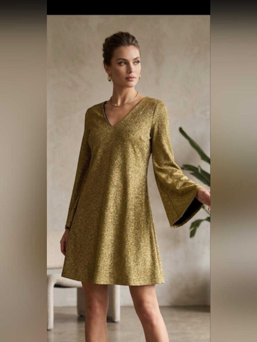 Gold V-Neck Bell Sleeve Dress - Women's Elegant Sparkle #97